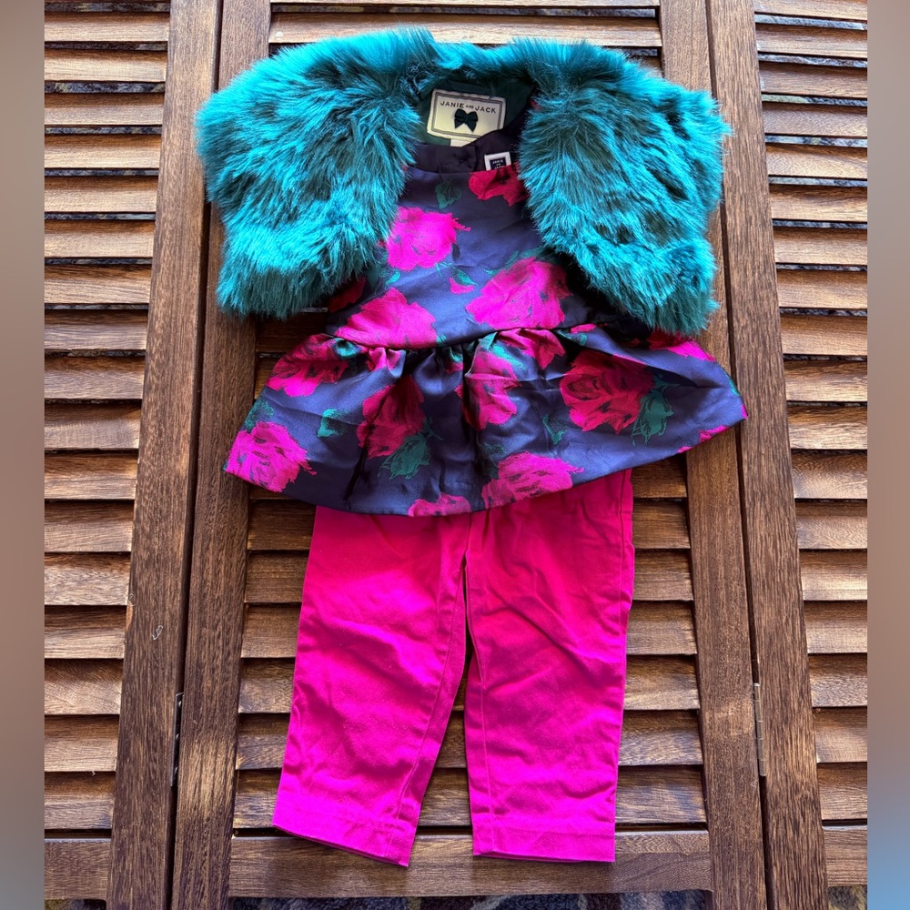 Janie & Jack Green Navy & Pink Rose Kids Matching Set Pant Suit Fur Stole 12-18